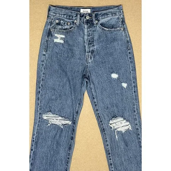 Pistola Anthropologie Women 26 jeans Cassie High Rise Straight Blue Distressed - Picture 13 of 14